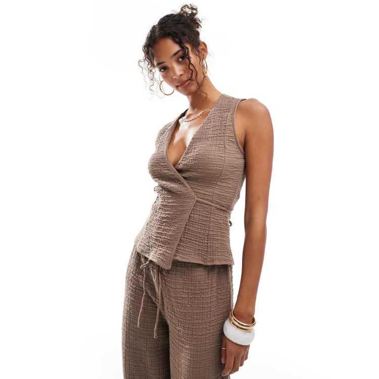 Pull&Bear crinkle textured wrap top in taupe brown - part of