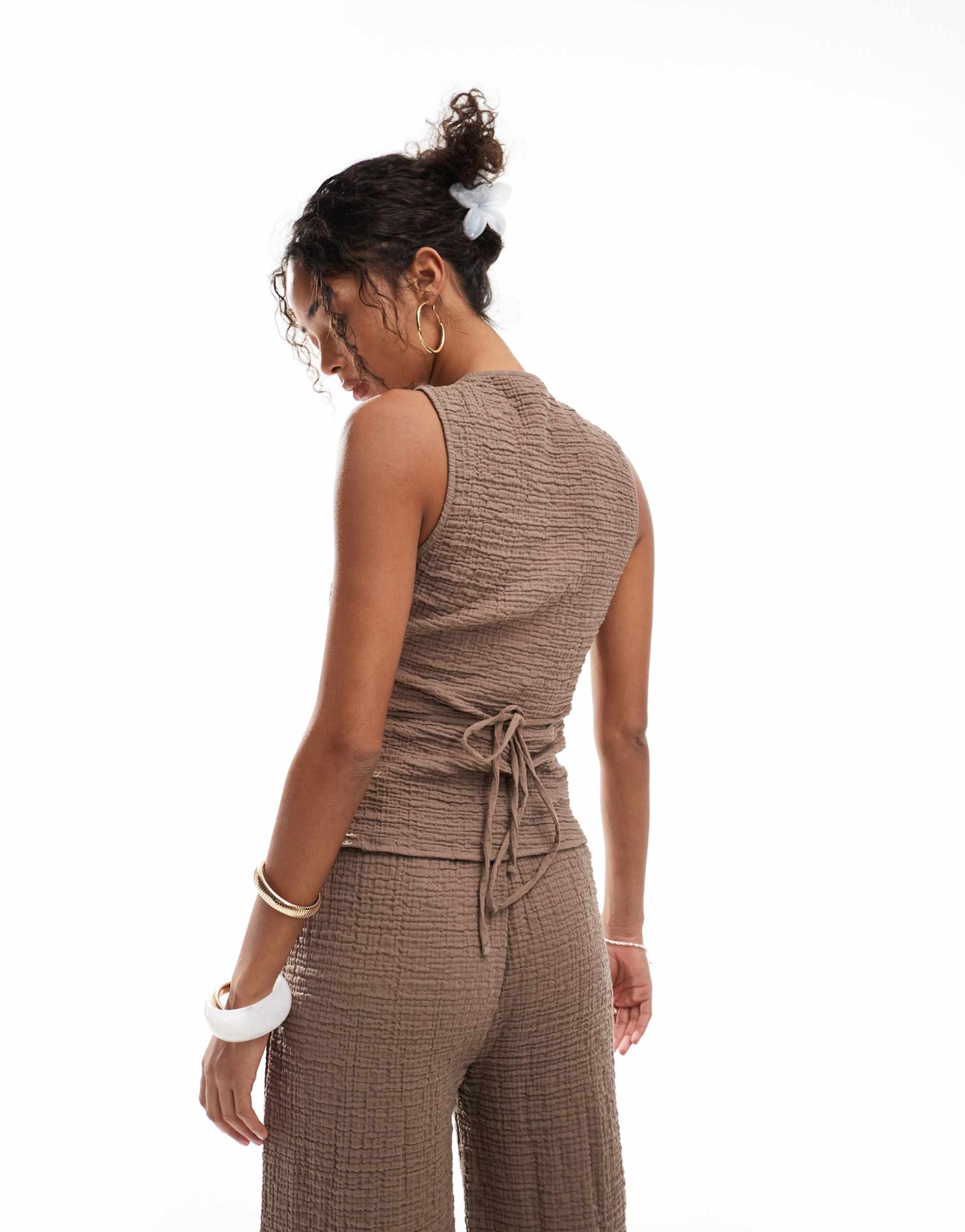 pull&bear crinkle textured wrap top in taupe brown - part of a set