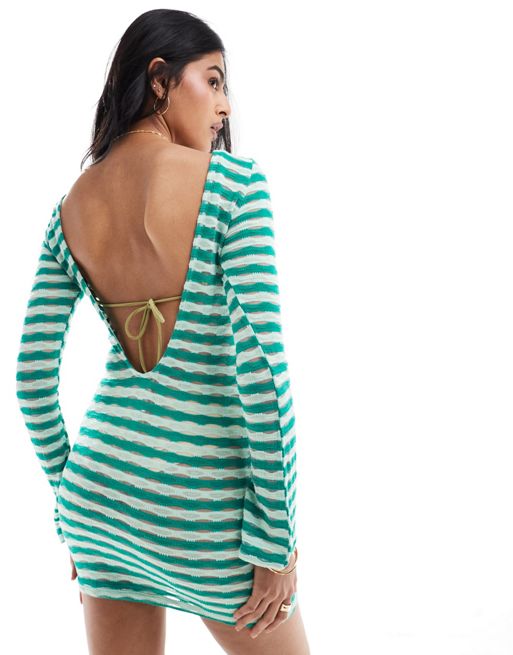 Pull&Bear crochet backless Carbine dress in green stripe