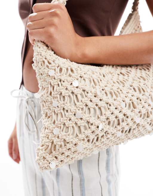 Pull&Bear crochet bag with sequin detail in sand