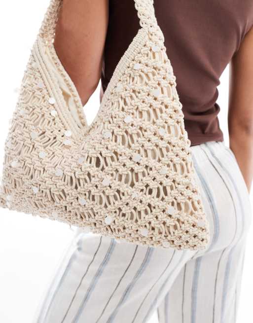Pull&Bear crochet bag with sequin detail in sand