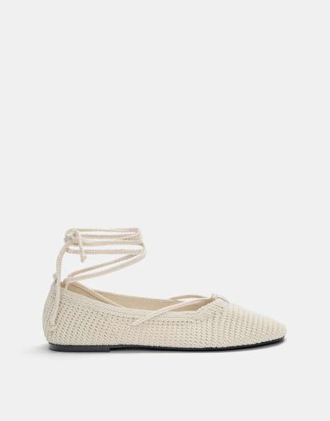 Pull&Bear crochet ballet flats with tie in ecru - view 1