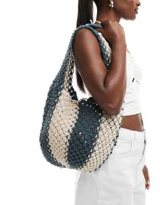 Pull & Bear crochet bucket bag in green and white stripe