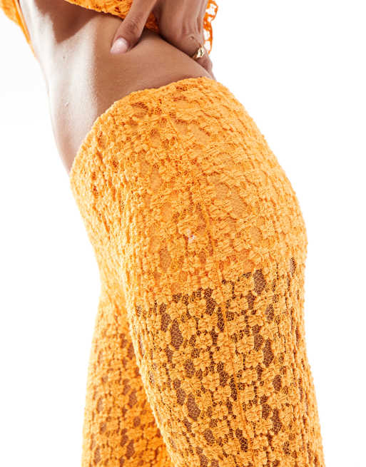 Pull&Bear crochet flare trouser co-ord in orange, 3 of 5
