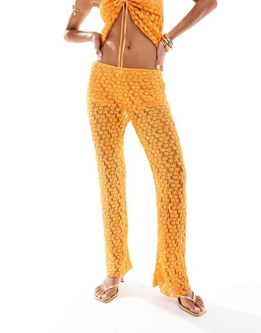 Pull&Bear crochet flare trouser co-ord in orange, 4 of 5