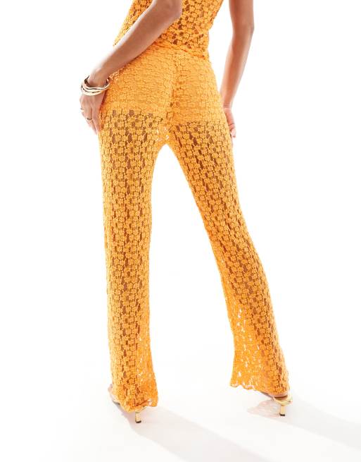 Pull&Bear crochet flare trouser co-ord in orange, 5 of 5