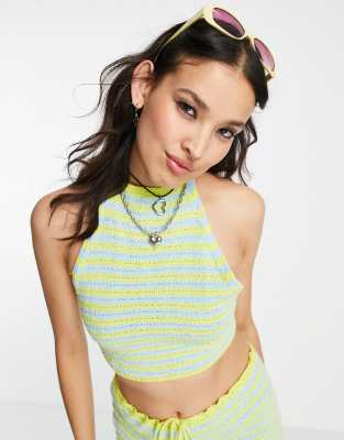 Pull & Bear crochet high neck cropped top in green stripe