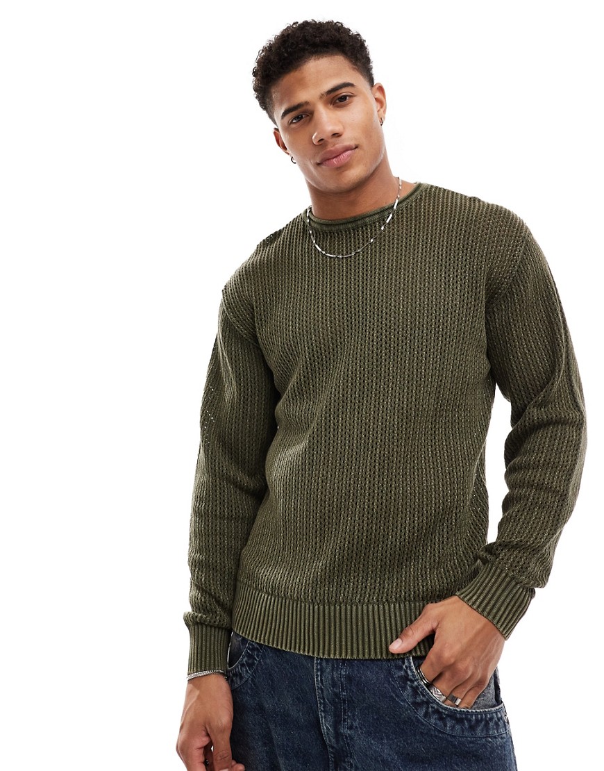 crochet knit sweater in khaki-Green