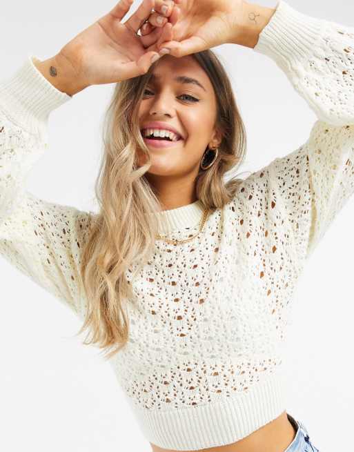 Pullu0026Bear crochet knit tie-back jumper in ecru | ASOS