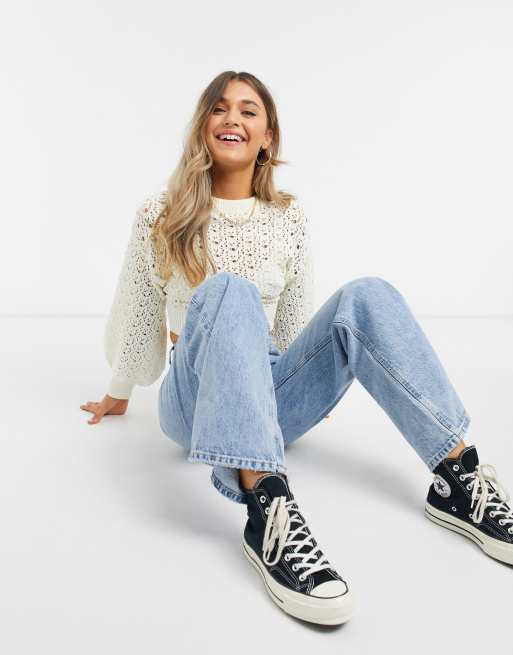 Pullu0026Bear crochet knit tie-back jumper in ecru | ASOS