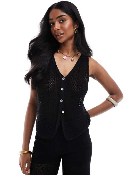 Pull&Bear crochet knitted tie front top co-ord in black