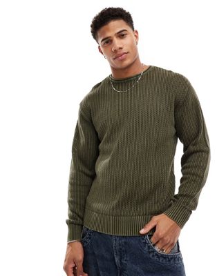 Pull&Bear crochet knitted jumper in khaki