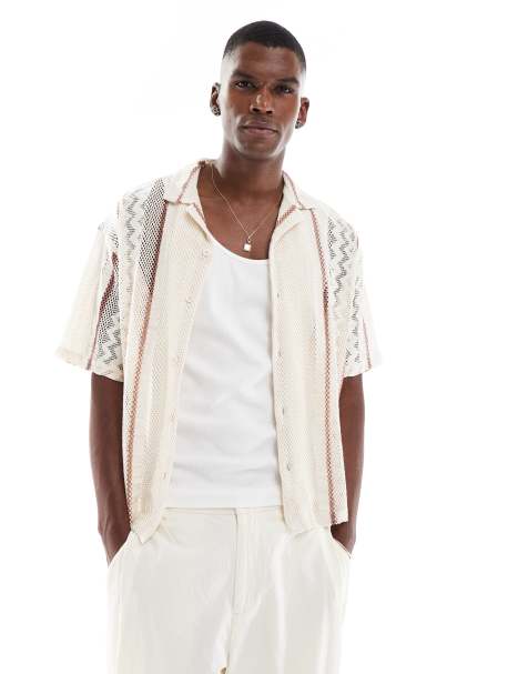 Pull&Bear crochet knitted shirt in ecru - view 1