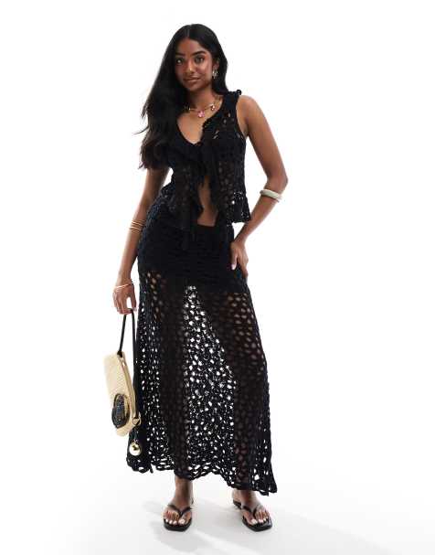Pull&Bear crochet knitted tie front top and skirt set in black - view 1
