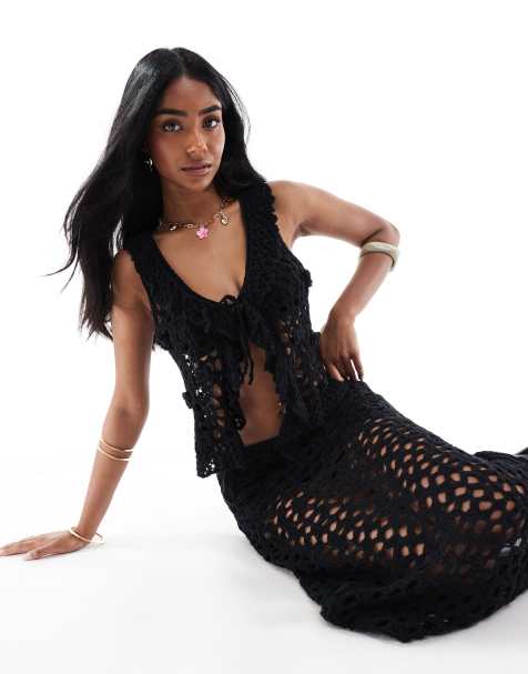 Pull&Bear crochet knitted tie front top co-ord in black - view 1