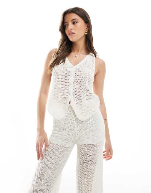 Pull&Bear crochet knitted tie front top in white (part of a set)