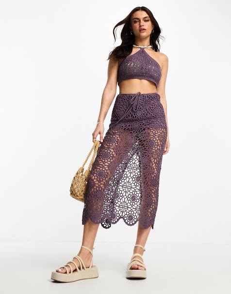 Pull&Bear crochet maxi skirt co-ord in purple