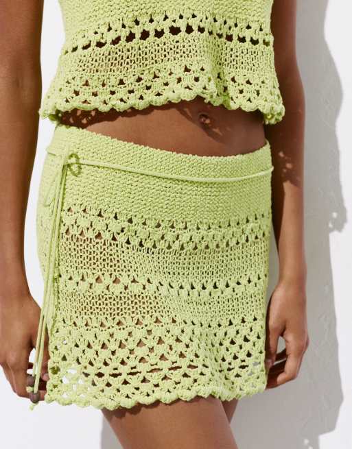 Pull&Bear Crochet mini skirt in lime, 3 of 4