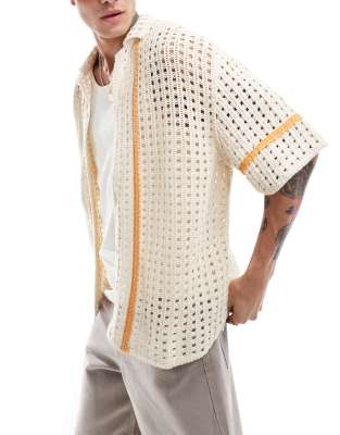 Pull & Bear Crochet Orange Stripe Shirt In Ecru-neutral