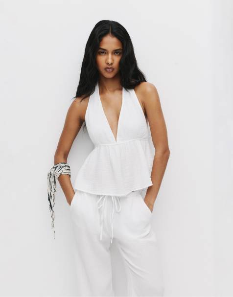 Pull&Bear Crochet racer top in white - view 1