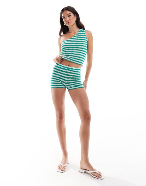 Pull&Bear crochet shorts in green stripe - view 1
