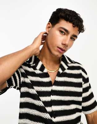 Pull & Bear crochet stripe shirt in black-Multi