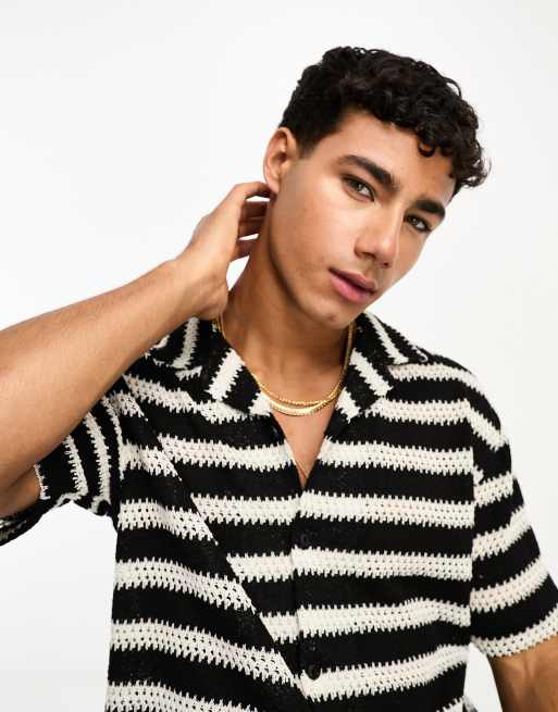 Pull&Bear crochet stripe shirt in black | ASOS