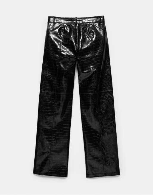 Pull&Bear Crocodile-effect leather trousers in black, 7 of 7