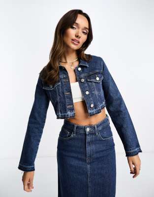 Pull&Bear crop denim jacket co-ord in dark blue