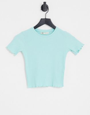 Pull&Bear crop striped t-shirt with lettuce edge in blue