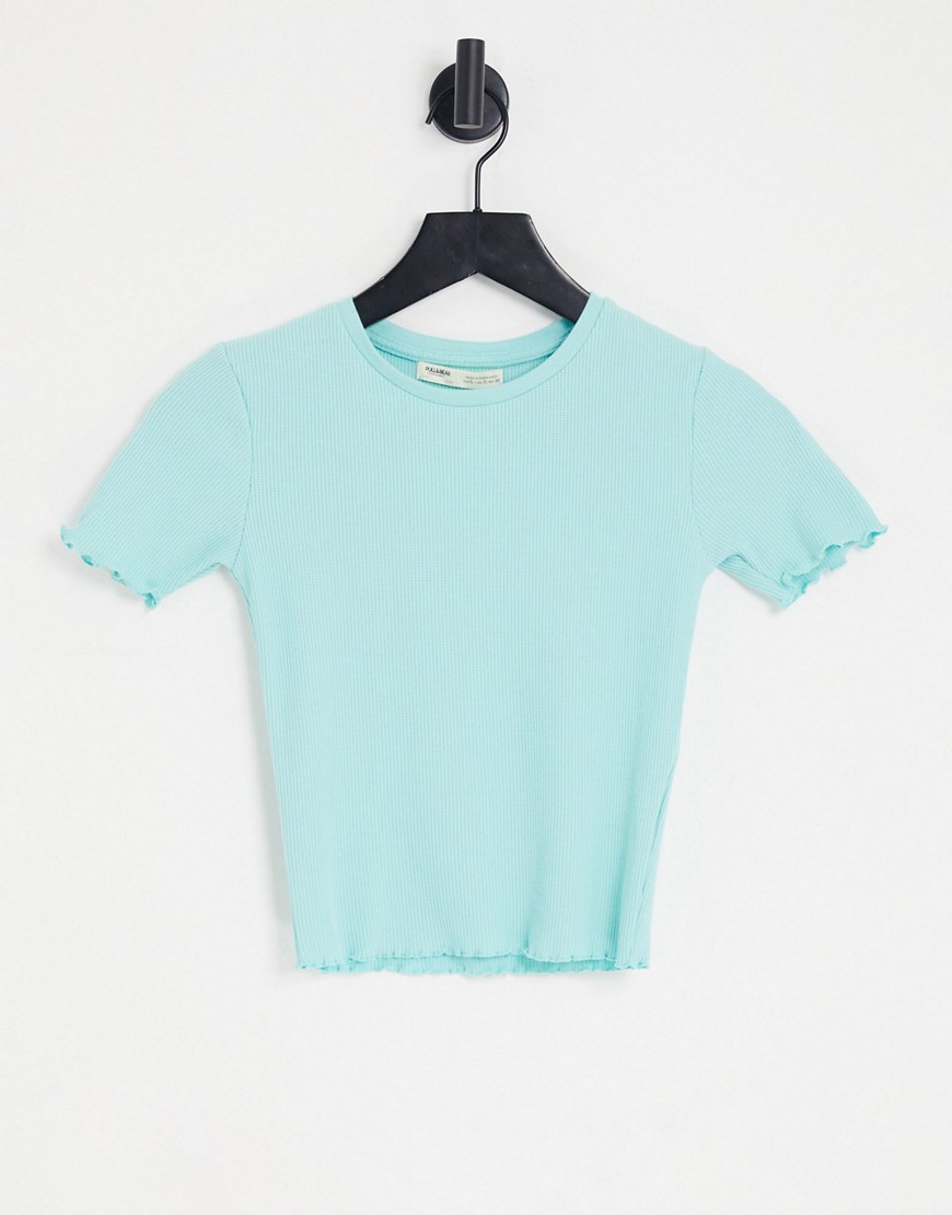 Pull & Bear crop striped T-shirt with lettuce edge in blue-Pink