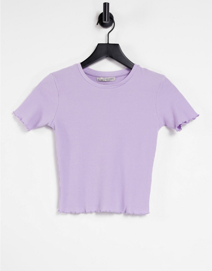 Pull & Bear crop striped t-shirt with lettuce edge in purple