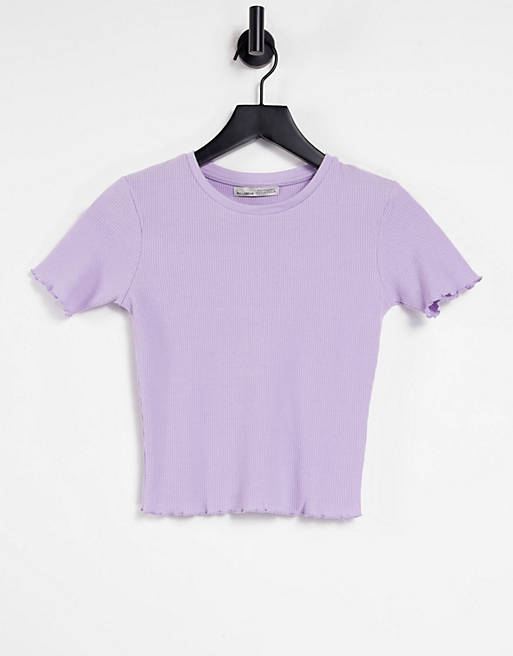 Pull&Bear crop striped t-shirt with lettuce edge in purple