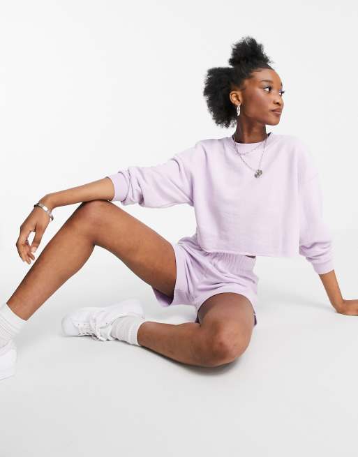 Pull Bear crop sweat short set in lilac ASOS