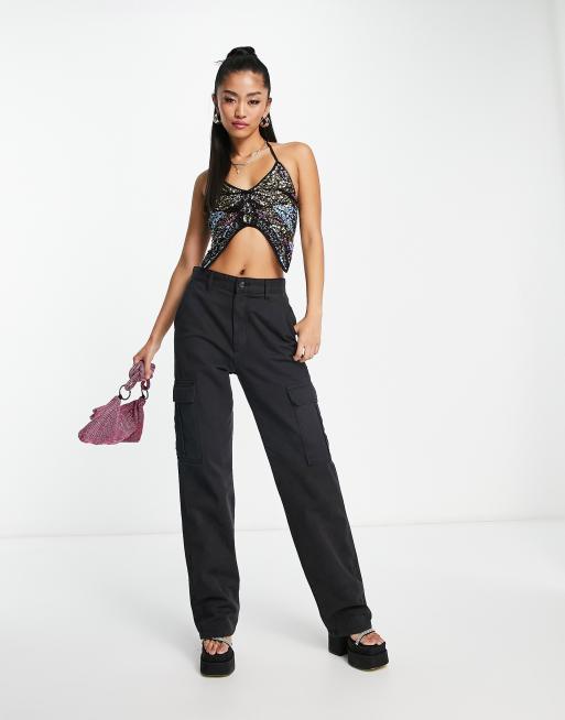 Pull&Bear - Crop top au crochet à sequins avec imprimé papillon - Noir, 2 de 4