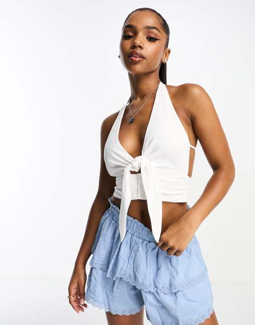 Pull&Bear - Crop top bianco con scollo profondo