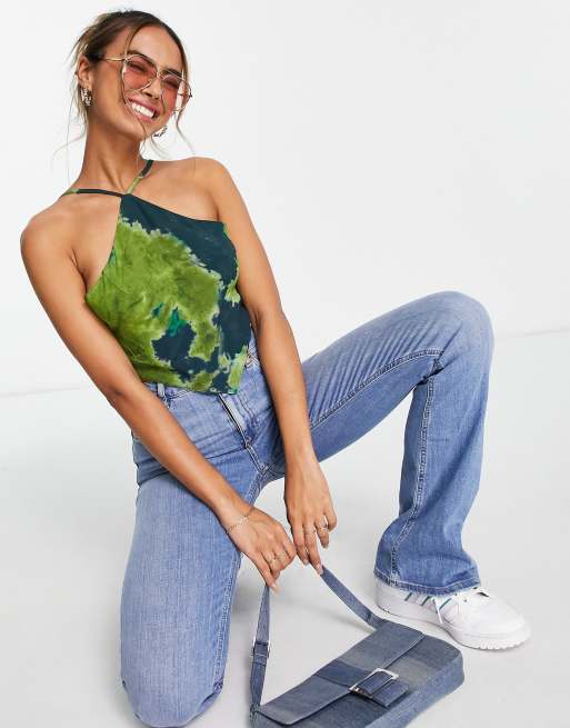 Pull&Bear - Crop top dos nu à lacets avec imprimé tie-dye - Bleu