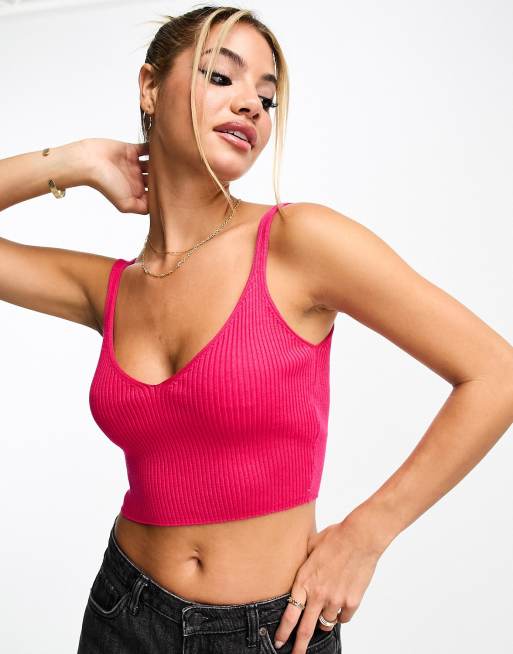 Pull&Bear - Crop top in maglia rosa magenta