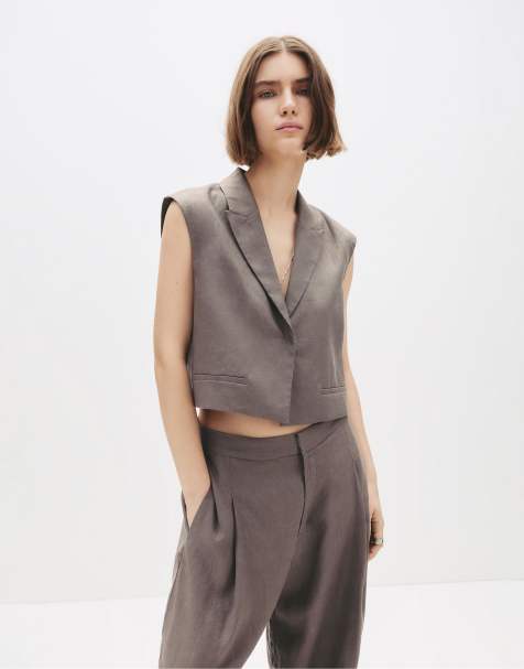 Pull&Bear - Crop top style veston en lin pur - Taupe - view 1