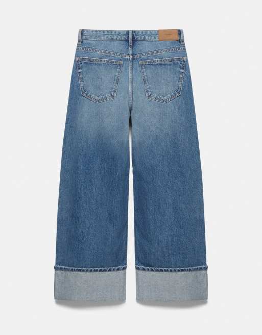 Pull&Bear croppade baggy jeans med uppvikta benslut i mellanblå, 7 av 7