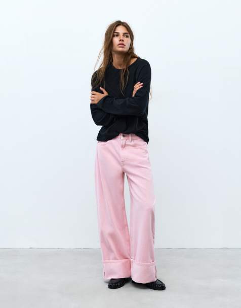 Pull&Bear croppade baggy jeans med uppvikta benslut i rosa - view 1