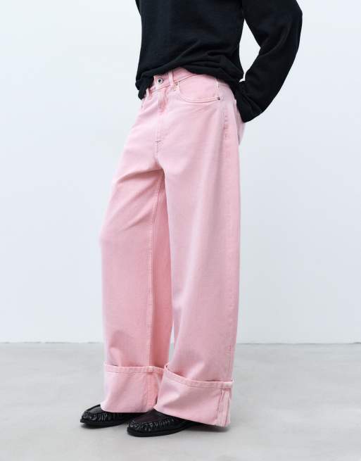 Pull&Bear cropped baggy jeans med opsmøgede kanter i pink, 2 af 7