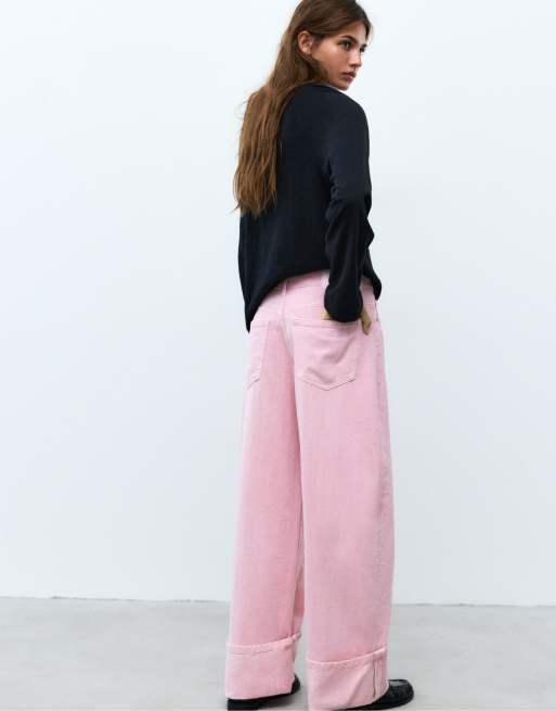 Pull&Bear cropped baggy jeans met omslagen zoom in roze, 5 van 7