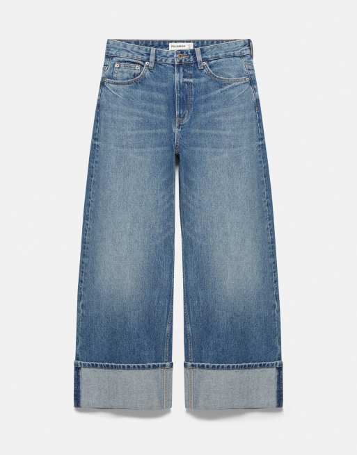 Pull&Bear Cropped baggy jeans with turn-up hems in medium blue, 5 of 7