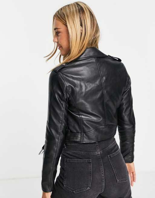 Pull&Bear - Cropped bikerjack van imitatieleer in zwart, 3 van 4