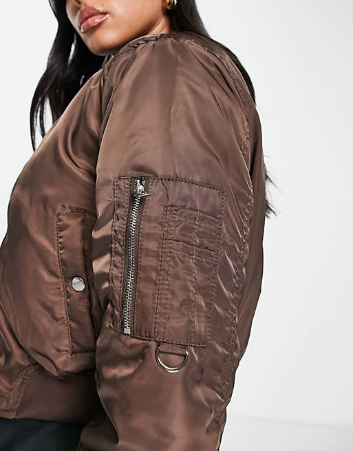 Women Pull&Bear cropped bomber jacket in brown 