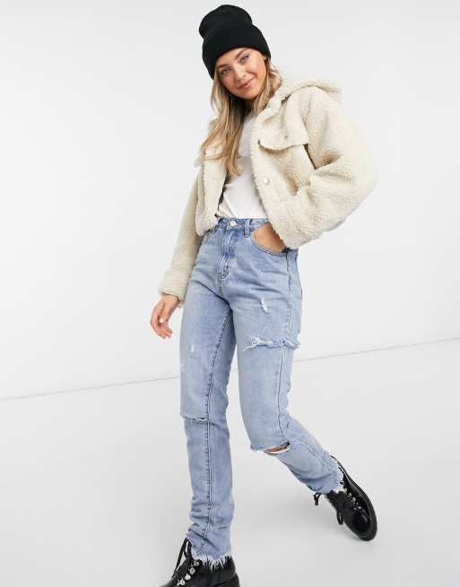 Pull Bear cropped borg hooded jacket in beige