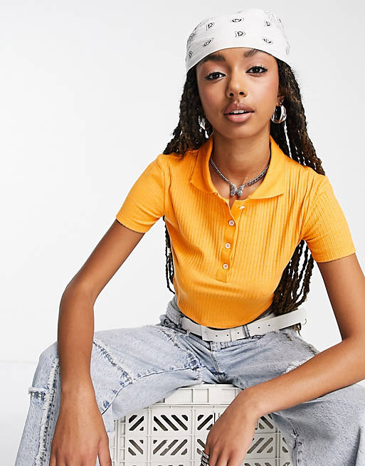 Pull&Bear cropped butto- down polo top in orange