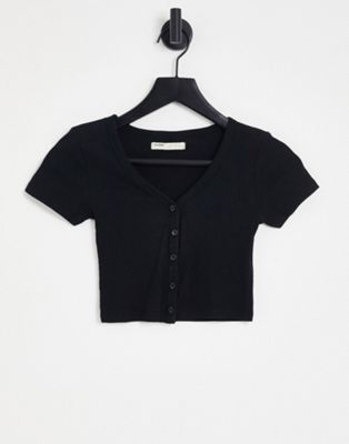 Pull&Bear cropped button down t-shirt in black