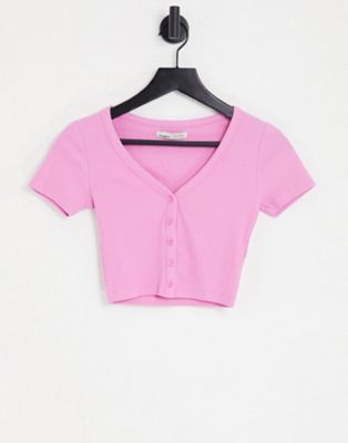 Pull&Bear cropped button down t-shirt in pink